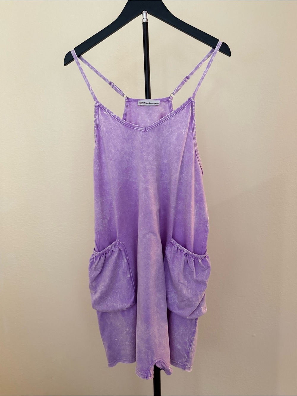 NEW Zenana Lavender Washed Sleeveless Pocket Romper - Small and medium